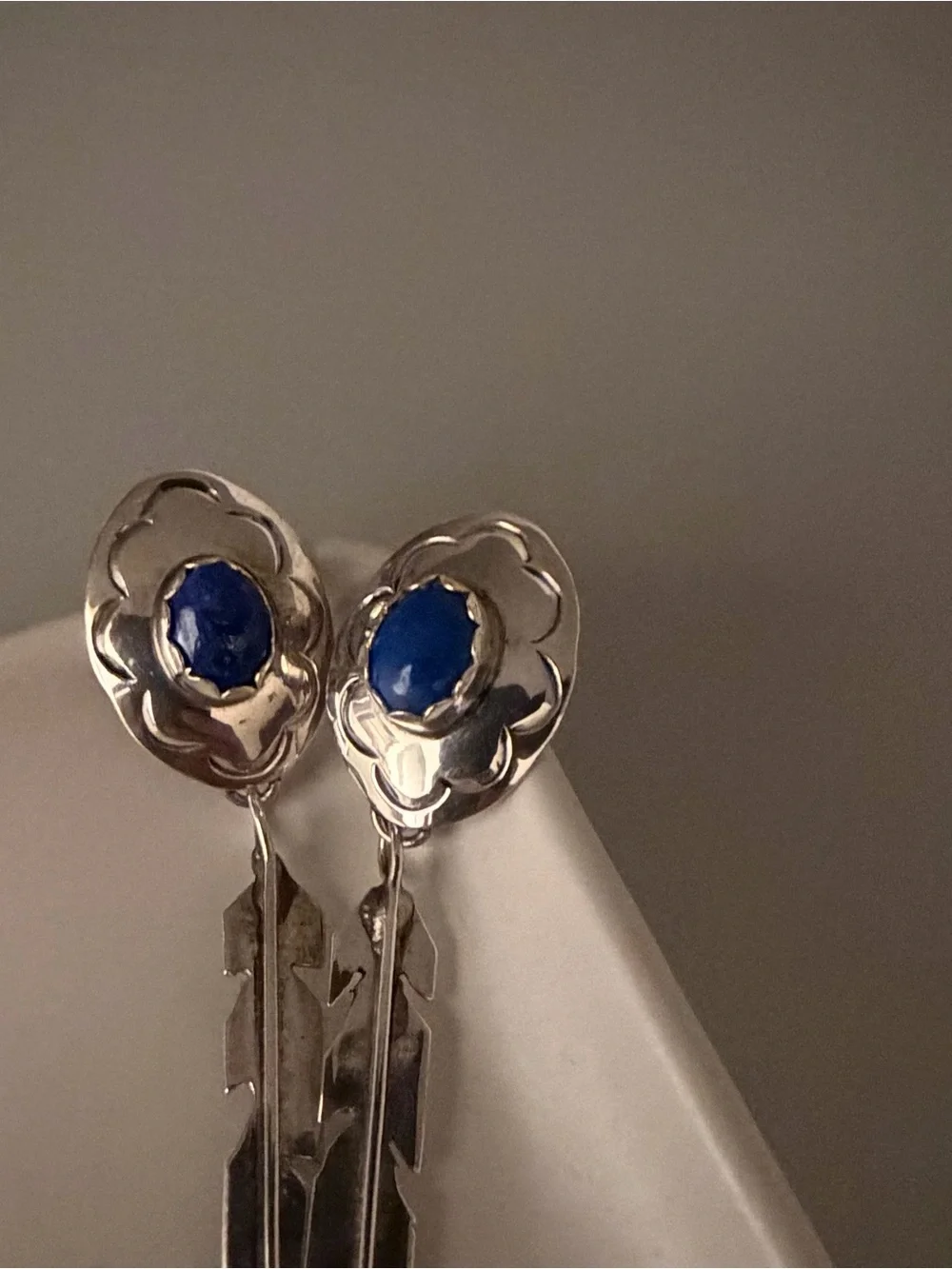Sterling Silver Floral & Feather Drop Earrings with Blue Stone
